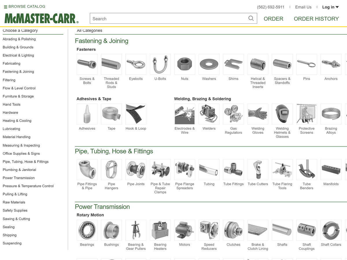 McMaster-Carr's catalog: a category sidebar and rows of grayscale product illustrations — screws, nuts, washers, welding gear — every one of them a link