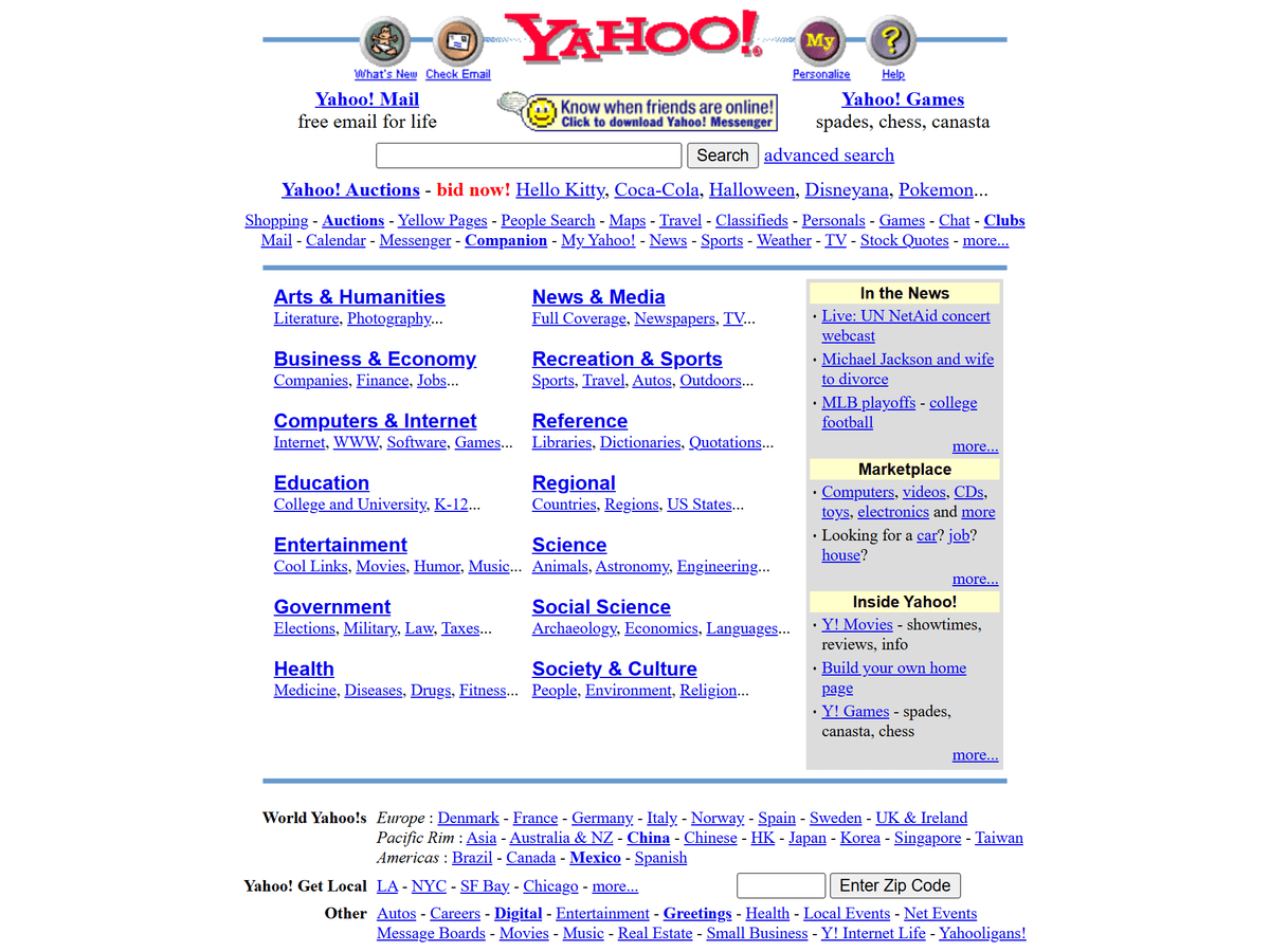 Yahoo's homepage from October 1999, a hand-curated directory of the entire web