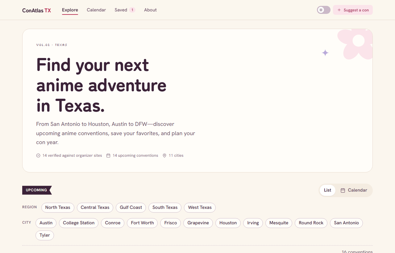 ConAtlas TX — home — upcoming Texas conventions by month, each with its dates, venue and verification