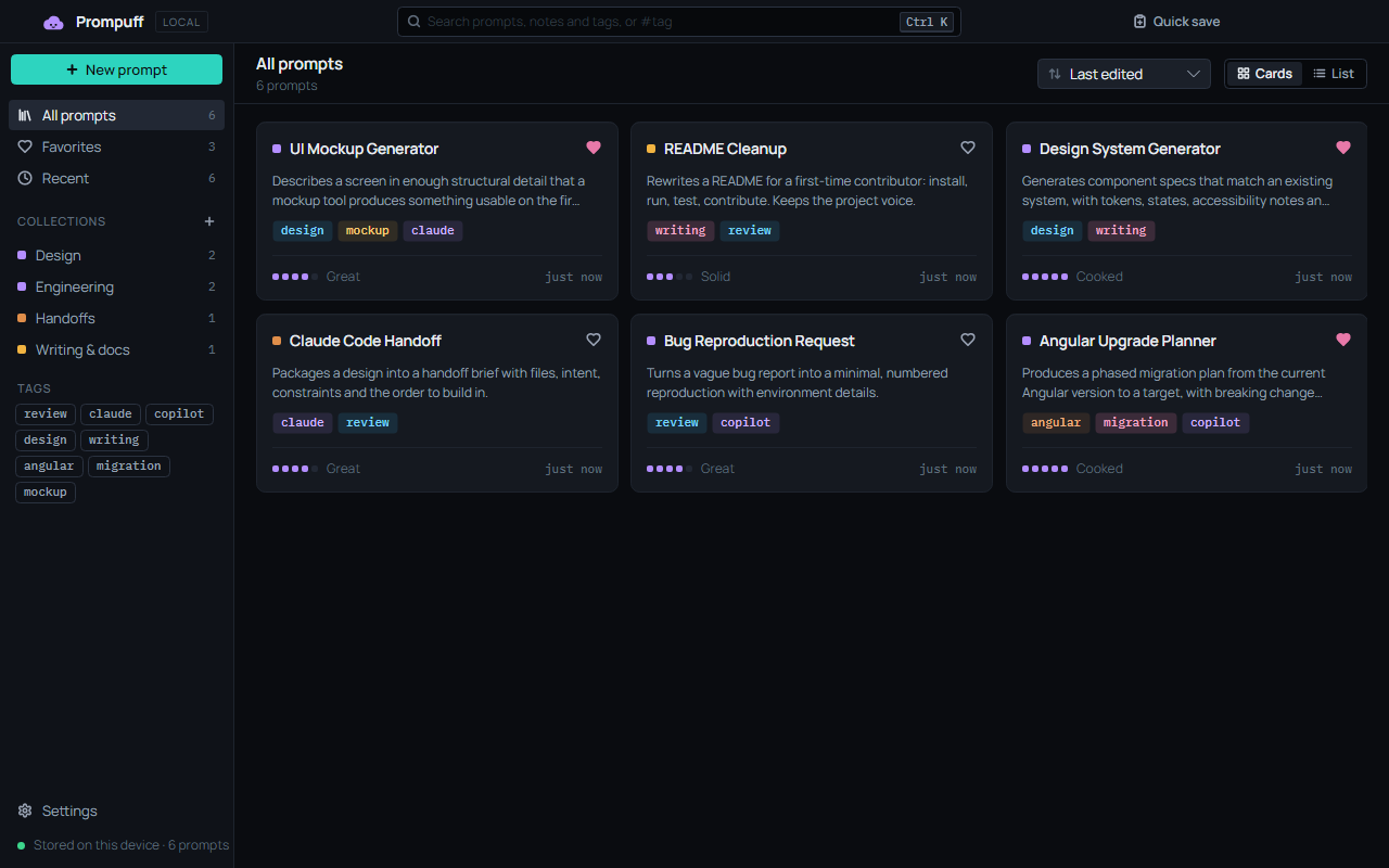 Prompuff — library — collections, tags, favorites and usefulness ratings