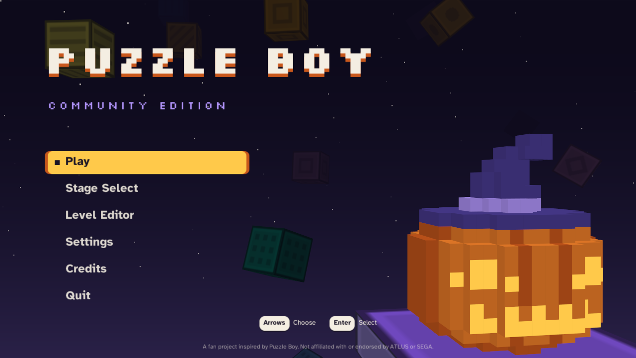 Puzzle Boy — Community Edition — the title screen in the Default theme