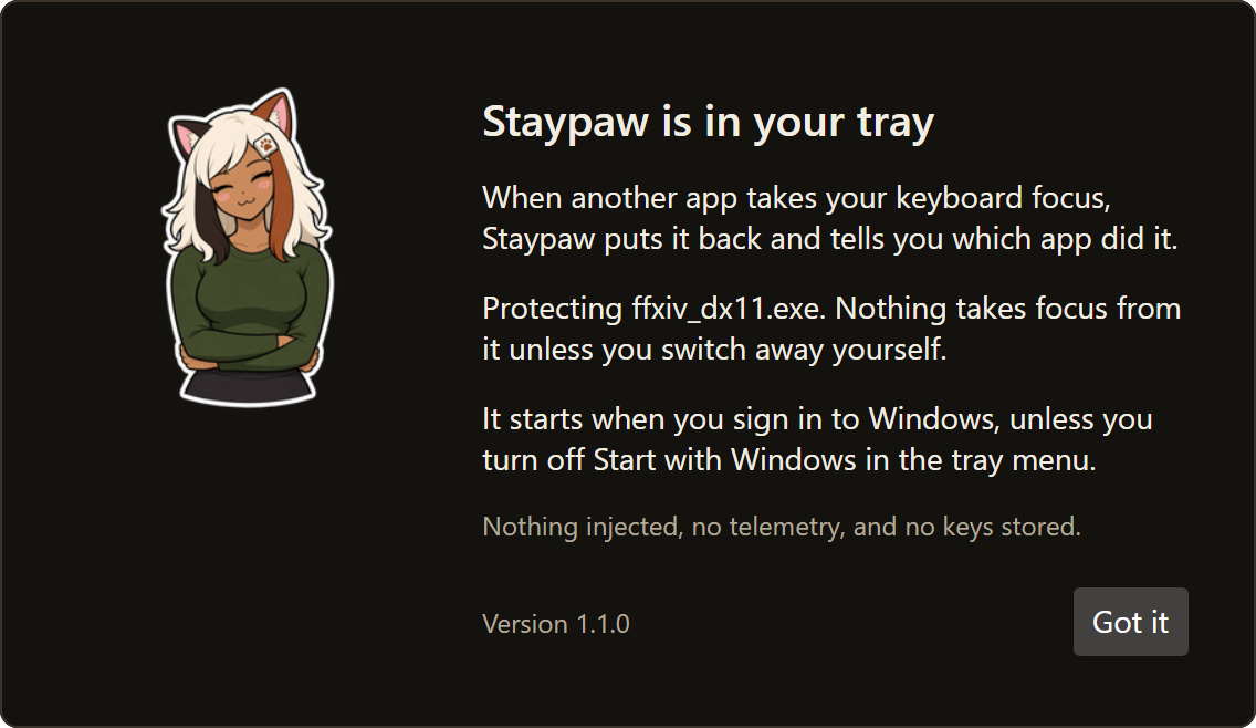 Staypaw — welcome — Calla, and the app nothing takes focus from