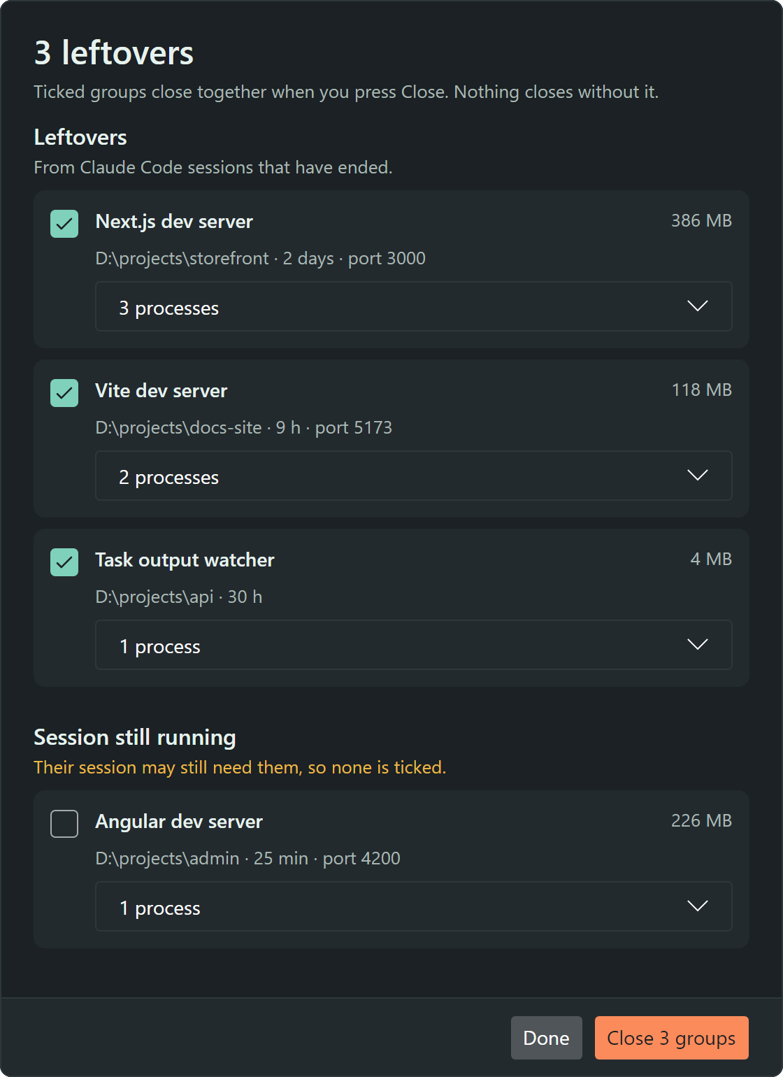 Sweepling — review — three leftovers ticked with their folder, age, port and memory, and a running session’s dev server left alone